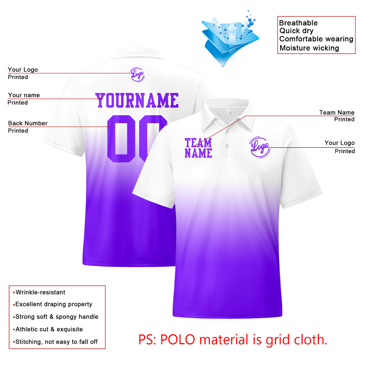 Benutzerdefinierte Weiß Lila Fußball Gradient Polo-Shirts Fügen Sie Ihr Einzigartiges hinzu Logo/Name/Nummer