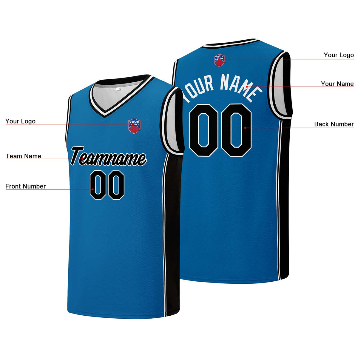 Individuelle Basketball-Jersey-Shorts für Männer und Frauen. Gestickter und gedruckter Name, Nummer und Logo Blau&Schwarz