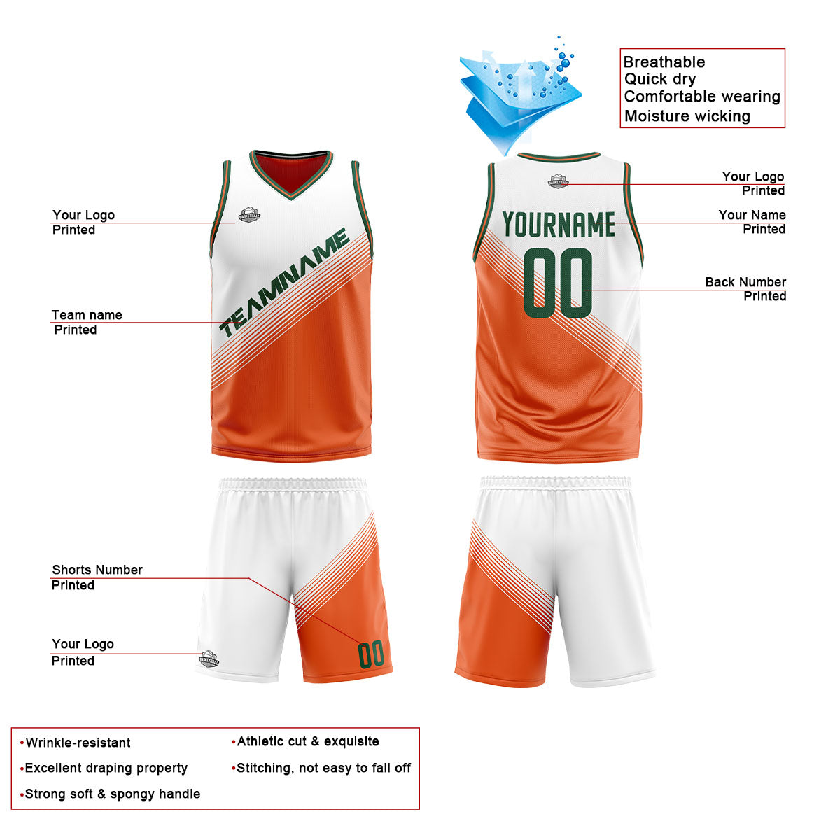 Benutzerdefinierte Weiß Orange Reversible Basketball Jersey Personalisierte Print Name Nummer Logo