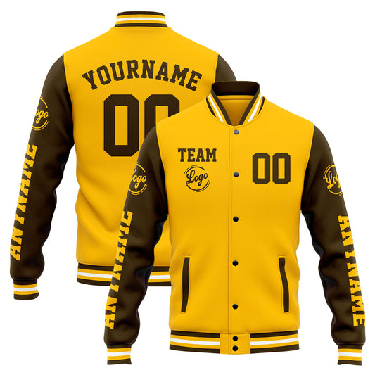 Benutzerdefinierte Varsity-Jacke. Letterman-Jacke für Männer, Frauen und Jugendliche Braun Gelb