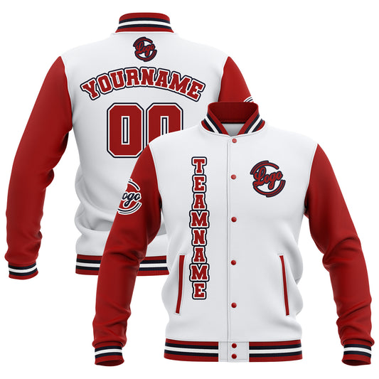 Benutzerdefiniert Weiß Rot Marine Wasserdichte Varsity Jacken Personalisiert genäht Name Nummer Logo zu Letterman Jacken