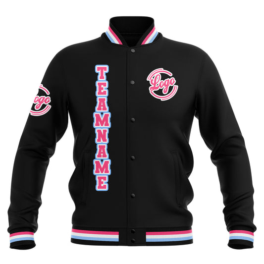 Benutzerdefiniert  Schwarz Rosa Hellblau Wasserdichte Varsity Jacken Personalisiert genäht Name Nummer Logo zu Letterman Jacken