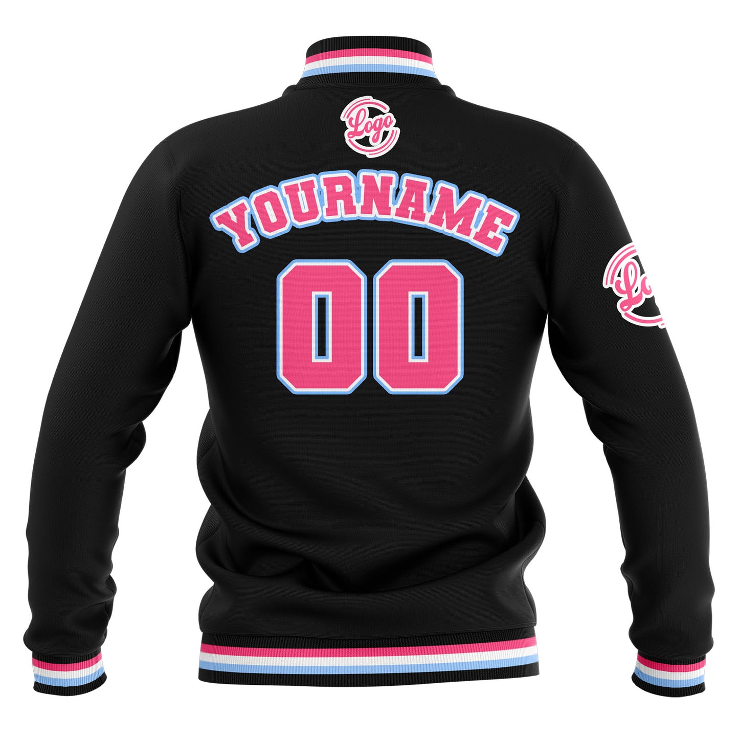 Benutzerdefiniert  Schwarz Rosa Hellblau Wasserdichte Varsity Jacken Personalisiert genäht Name Nummer Logo zu Letterman Jacken