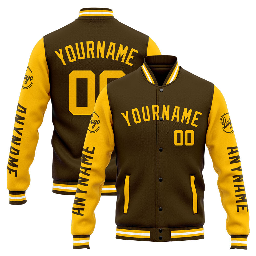 Benutzerdefinierte Varsity-Jacke. Letterman-Jacke für Männer, Frauen und Jugendliche Braun Gelb