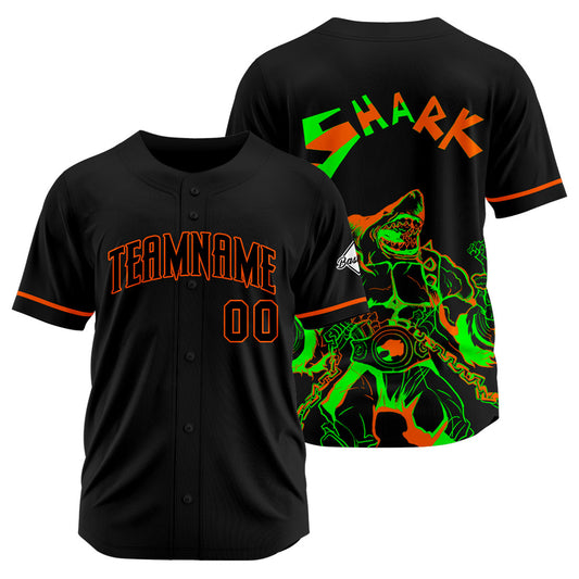 Benutzerdefinierte Baseball Jersey Personalisierte Baseball Shirt genäht und Druck Hai-Schwarz&Orange