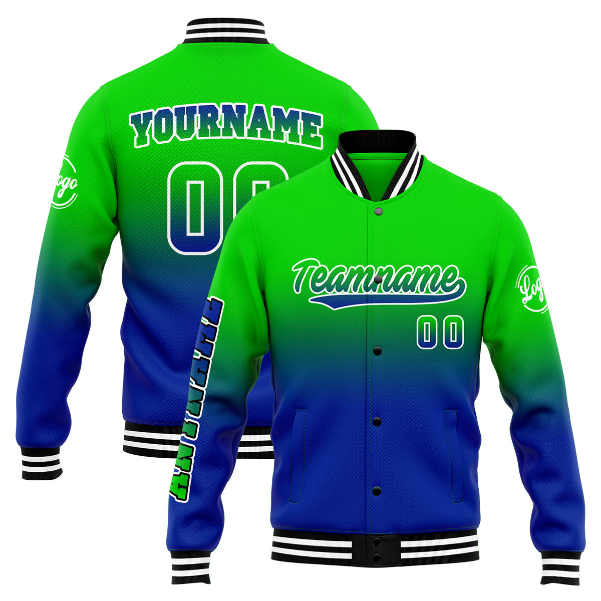 Benutzerdefinierte Verlauf Varsity-Jacke. Letterman-Jacke Grün Blau
