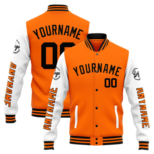 Benutzerdefinierte Varsity-Jacke. Letterman-Jacke für Männer, Frauen und Jugendliche Orange Weiß