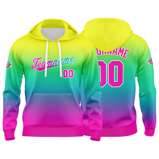 Benutzerdefinierter Verlauf Hoodie für Mann, Frau, Mädchen, Junge. Drucken Sie Ihr Logo, Ihren Namen und Ihre Nummer Gelb Grün