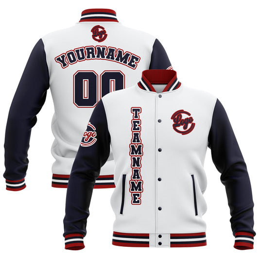 Benutzerdefiniert  Weiß Marine Rot Wasserdichte Varsity Jacken Personalisiert genäht Name Nummer Logo zu Letterman Jacken