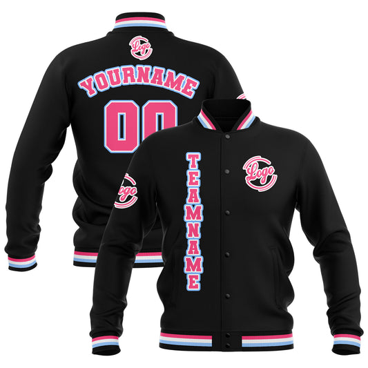 Benutzerdefiniert  Schwarz Rosa Hellblau Wasserdichte Varsity Jacken Personalisiert genäht Name Nummer Logo zu Letterman Jacken