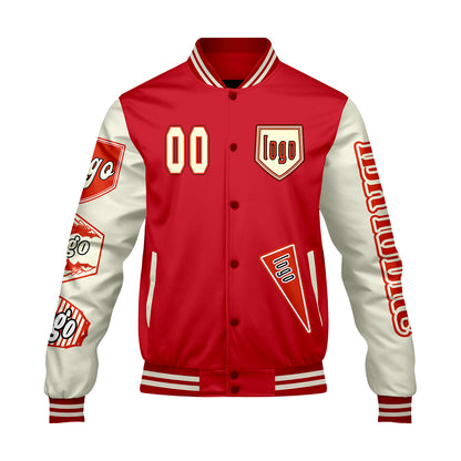 Maßgeschneiderte Rot Beige Letterman Varsity Jacket Individuelle Stickerei  Druck nach Ihrem Wunsch