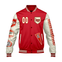 Maßgeschneiderte Rot Beige Letterman Varsity Jacket Individuelle Stickerei  Druck nach Ihrem Wunsch