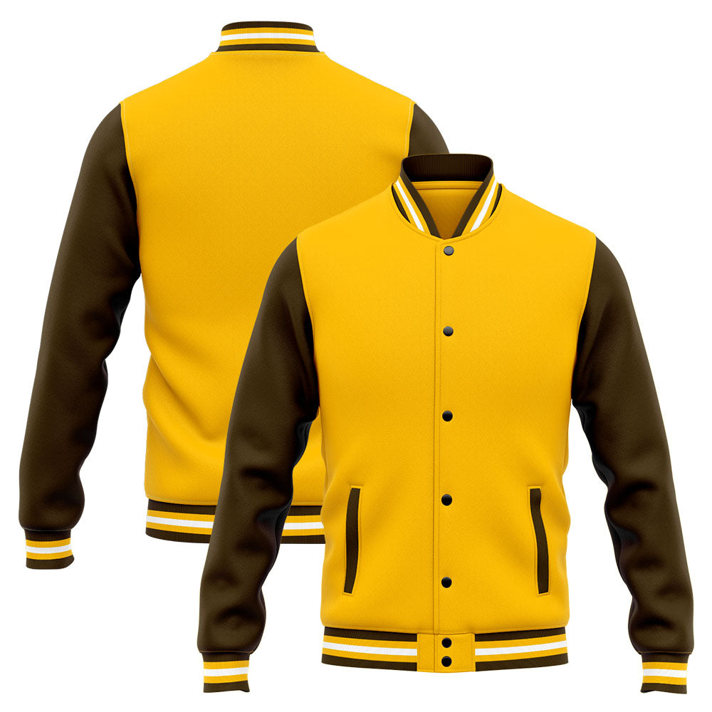 Benutzerdefinierte Varsity-Jacke. Letterman-Jacke für Männer, Frauen und Jugendliche Braun Gelb