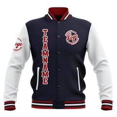 Benutzerdefiniert Marine Weiß Rot Wasserdichte Varsity Jacken Personalisiert genäht Name Nummer Logo zu Letterman Jacken