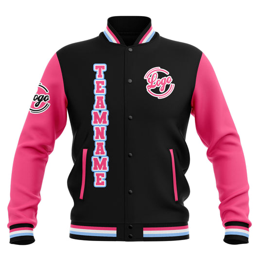 Benutzerdefiniert  Schwarz Rosa Hellblau Wasserdichte Varsity Jacken Personalisiert genäht Name Nummer Logo zu Letterman Jacken