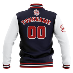 Benutzerdefiniert Marine Weiß Rot Wasserdichte Varsity Jacken Personalisiert genäht Name Nummer Logo zu Letterman Jacken