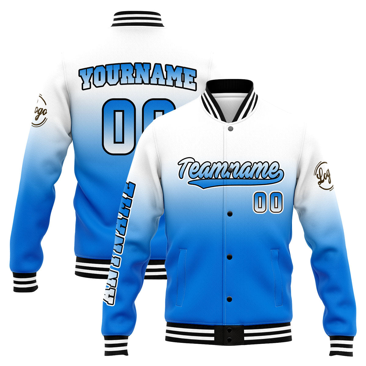 Benutzerdefinierte Verlauf Varsity-Jacke. Letterman-Jacke Weiß Blau