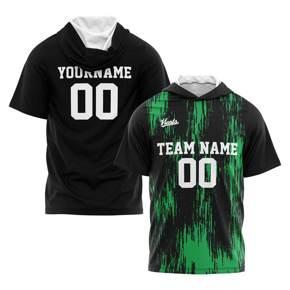 Benutzerdefinierte Schwarz Grün Kurzarm-Kapuzenpullover für Männer Frauen Hemden mit Kapuzen gedruckt Name Logo