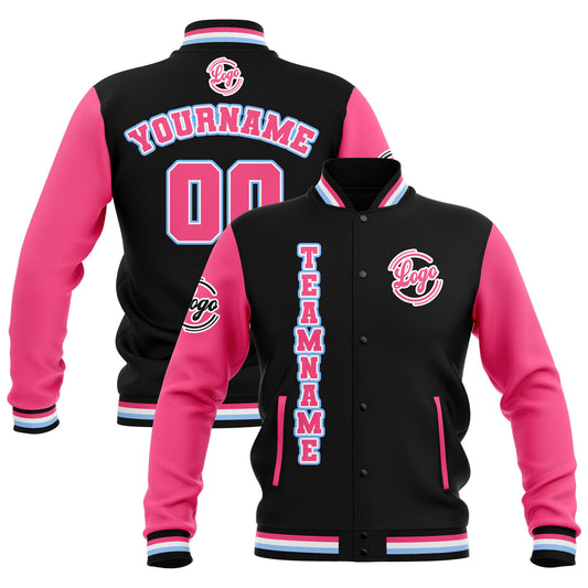 Benutzerdefiniert  Schwarz Rosa Hellblau Wasserdichte Varsity Jacken Personalisiert genäht Name Nummer Logo zu Letterman Jacken