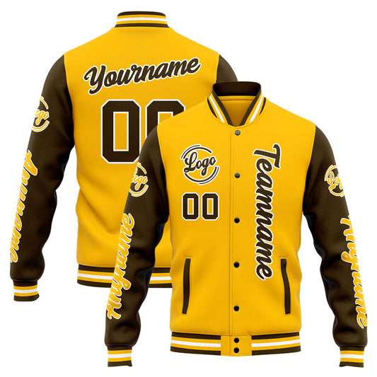 Benutzerdefinierte Varsity-Jacke. Letterman-Jacke für Männer, Frauen und Jugendliche Braun Gelb