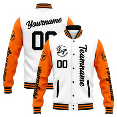 Benutzerdefinierte Varsity-Jacke. Letterman-Jacke für Männer, Frauen und Jugendliche Orange Weiß