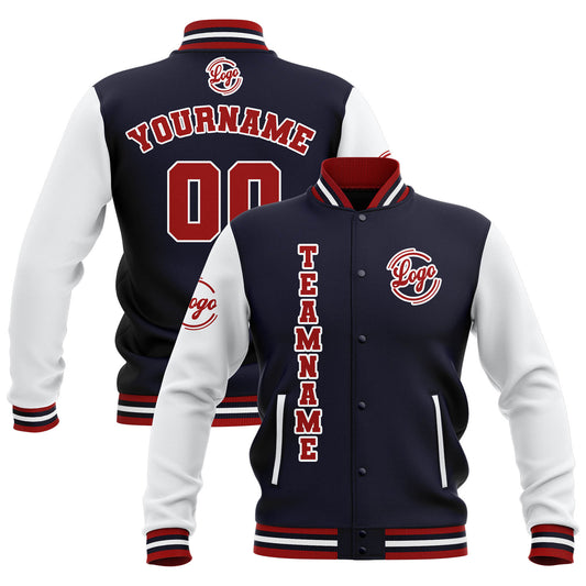 Benutzerdefiniert Marine Weiß Rot Wasserdichte Varsity Jacken Personalisiert genäht Name Nummer Logo zu Letterman Jacken