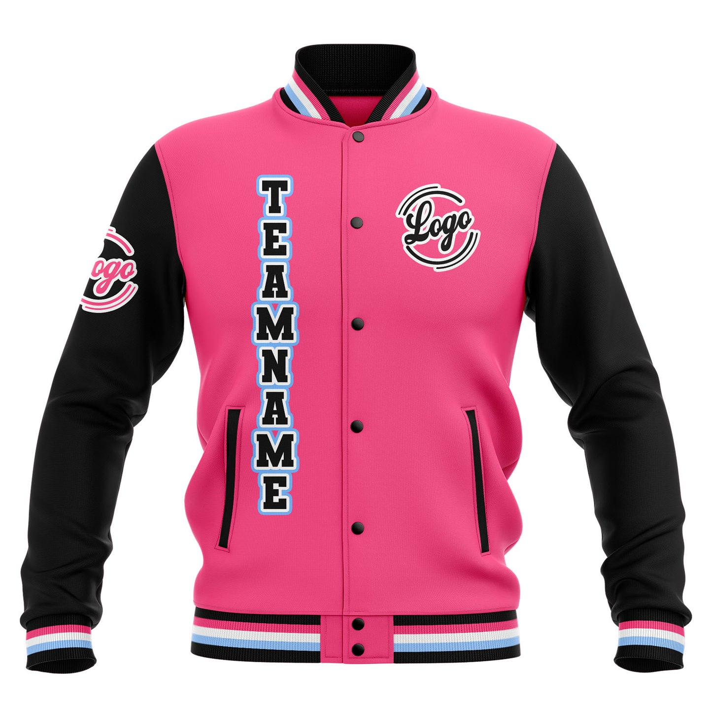 Benutzerdefiniert  Schwarz Rosa Hellblau Wasserdichte Varsity Jacken Personalisiert genäht Name Nummer Logo zu Letterman Jacken