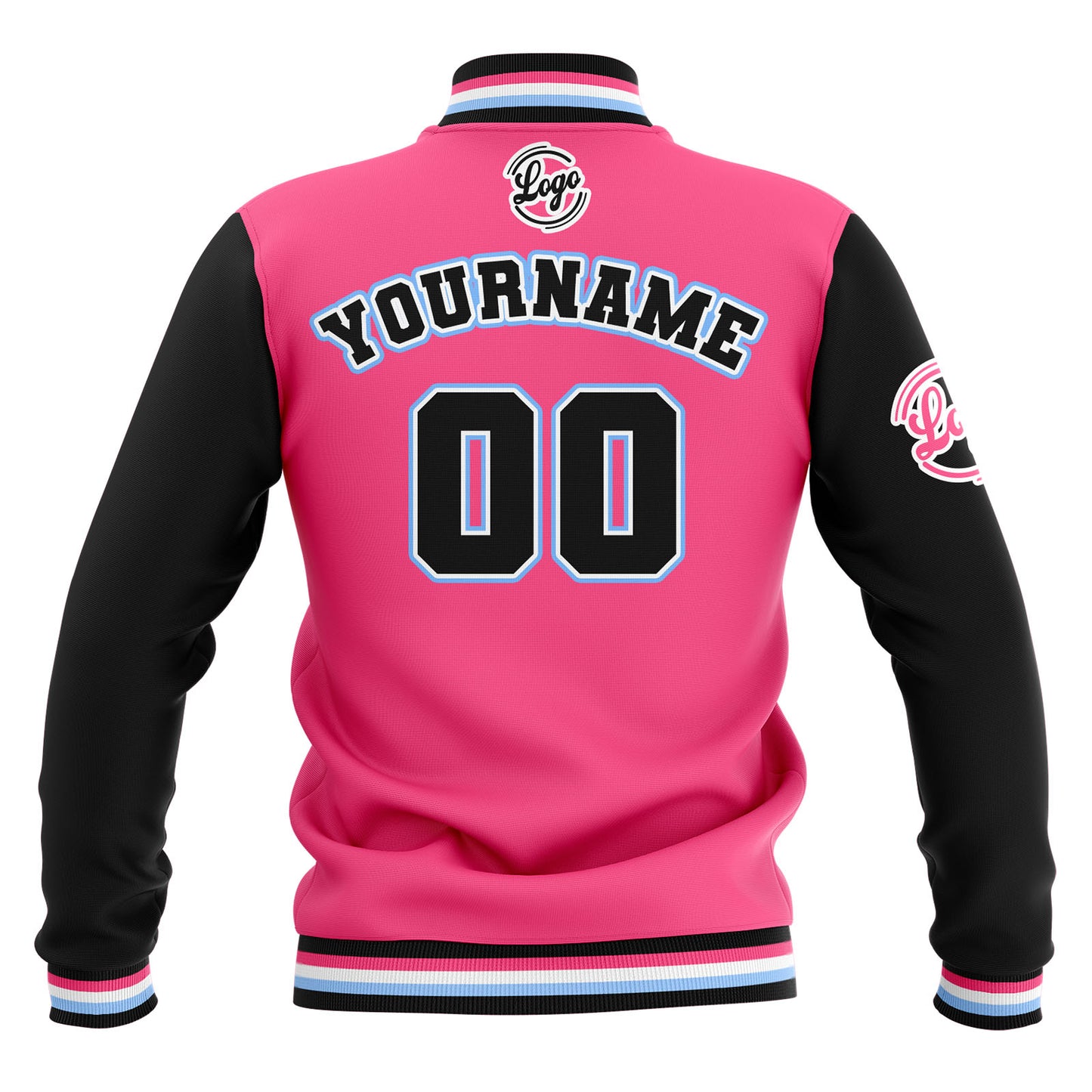 Benutzerdefiniert  Schwarz Rosa Hellblau Wasserdichte Varsity Jacken Personalisiert genäht Name Nummer Logo zu Letterman Jacken