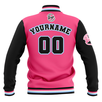 Benutzerdefiniert  Schwarz Rosa Hellblau Wasserdichte Varsity Jacken Personalisiert genäht Name Nummer Logo zu Letterman Jacken