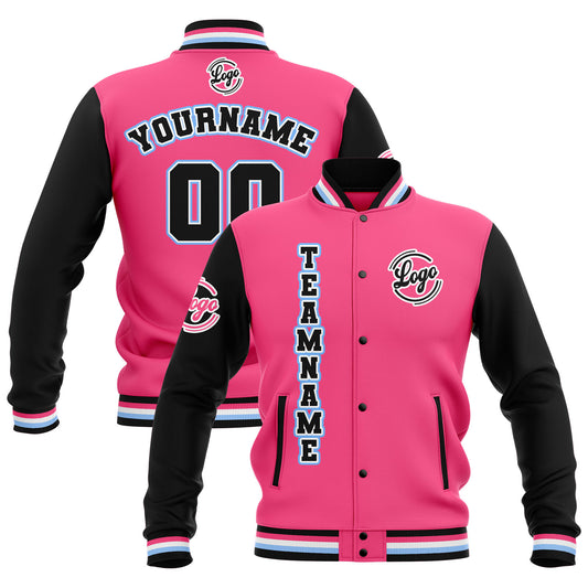 Benutzerdefiniert  Schwarz Rosa Hellblau Wasserdichte Varsity Jacken Personalisiert genäht Name Nummer Logo zu Letterman Jacken