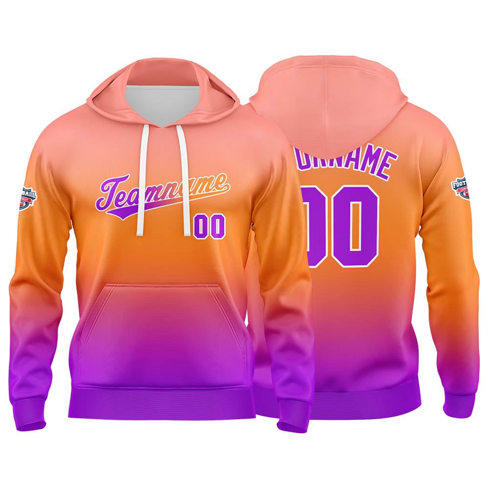 Benutzerdefinierter Verlauf Hoodie für Mann, Frau, Mädchen, Junge. Drucken Sie Ihr Logo, Ihren Namen und Ihre Nummer Orange lila