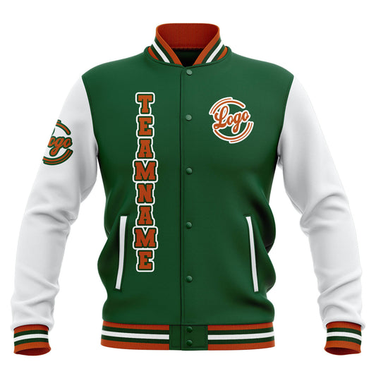 Benutzerdefiniert Grün Weiß Orange Wasserdichte Varsity Jacken Personalisiert genäht Name Nummer Logo zu Letterman Jacken