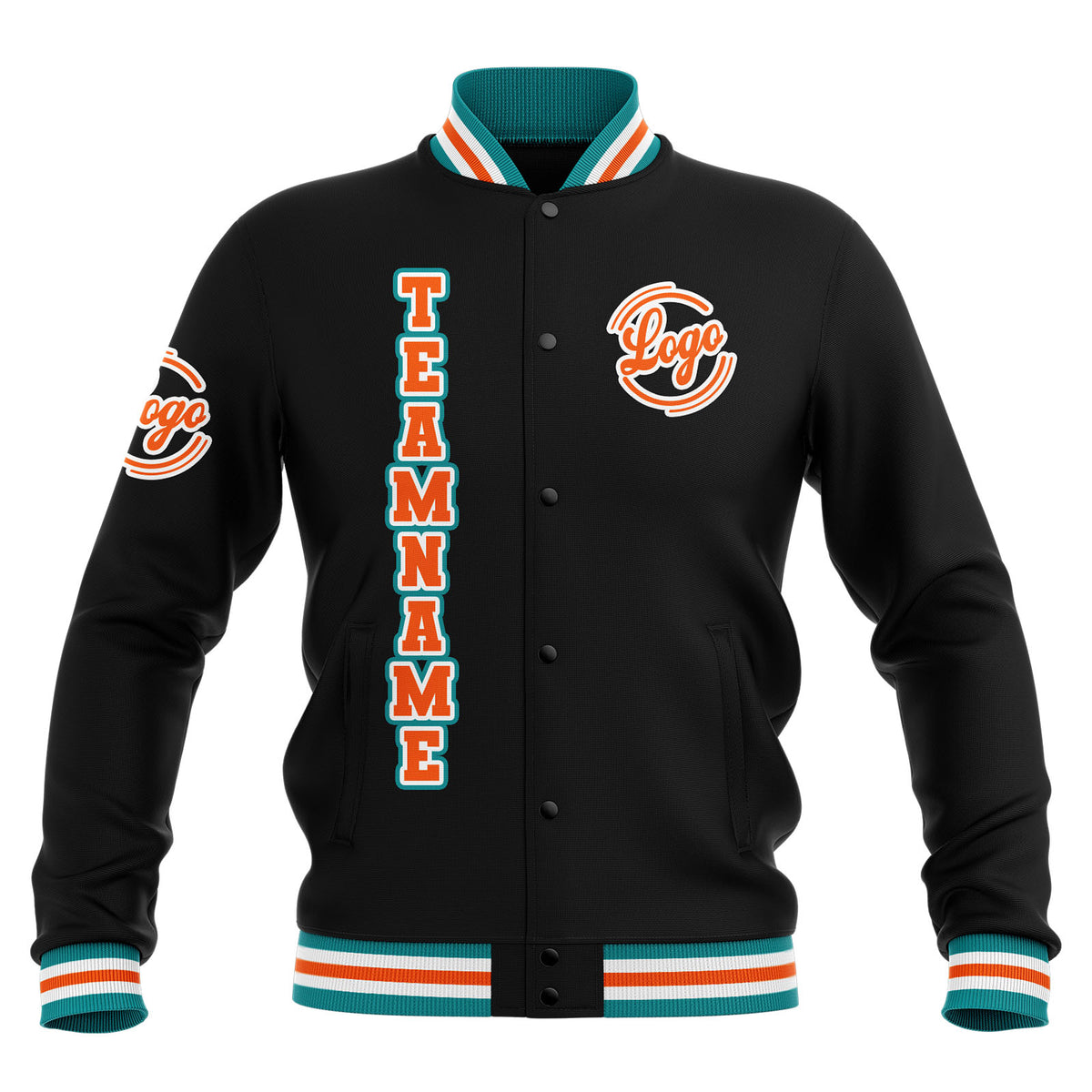 Benutzerdefiniert Schwarz Teal Orange Wasserdichte Varsity Jacken Personalisiert genäht Name Nummer Logo zu Letterman Jacken