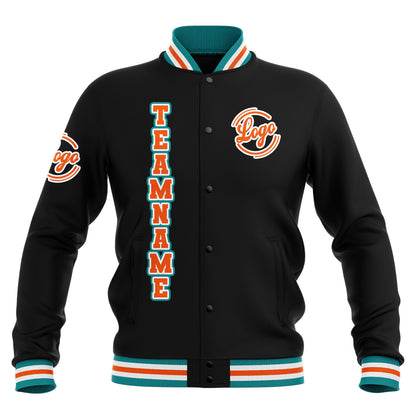 Benutzerdefiniert Schwarz Teal Orange Wasserdichte Varsity Jacken Personalisiert genäht Name Nummer Logo zu Letterman Jacken
