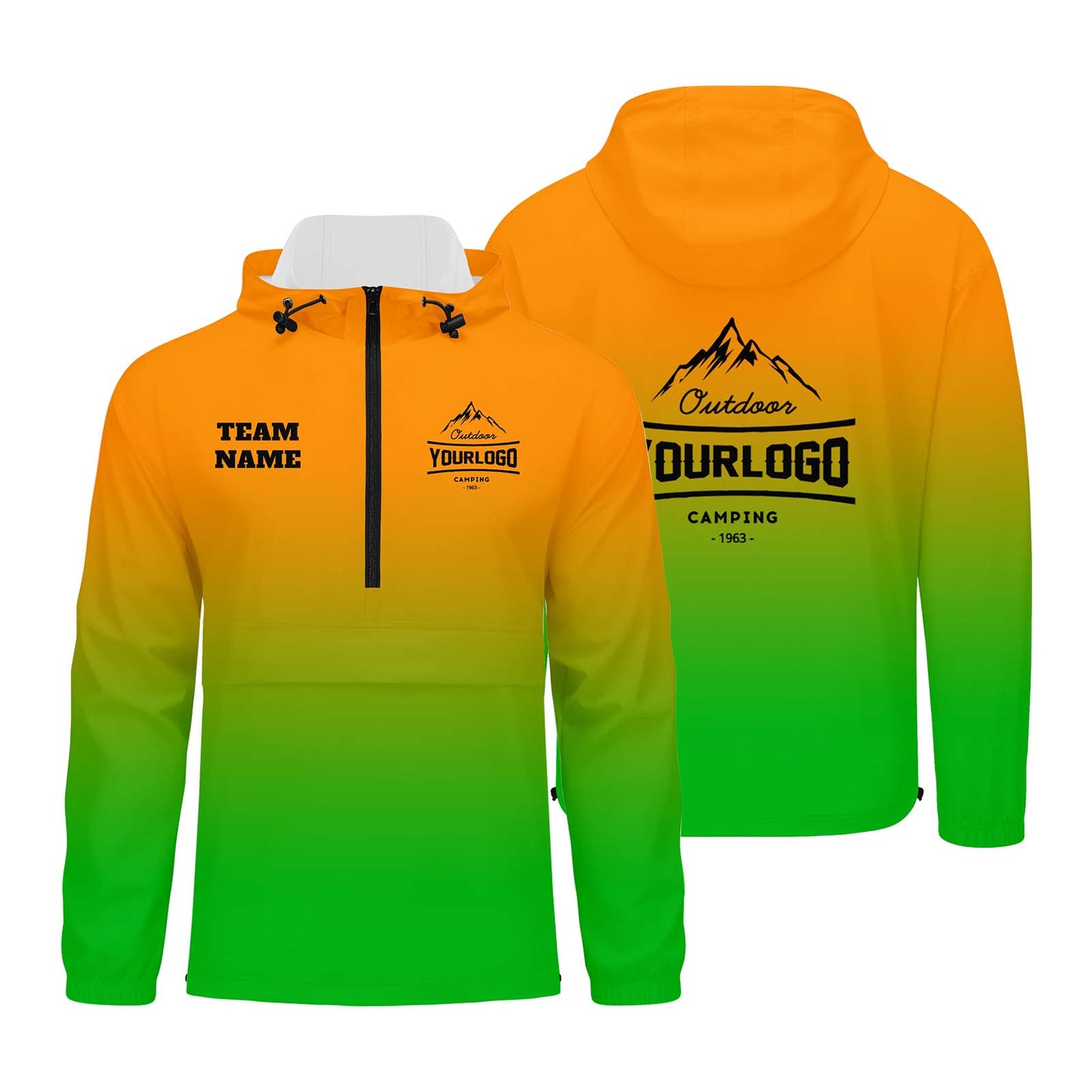 Anpassbare Orange Grün Winddichte Softshell Kapuzenjacke - Vollverschluss, Logo- & Text-Druck