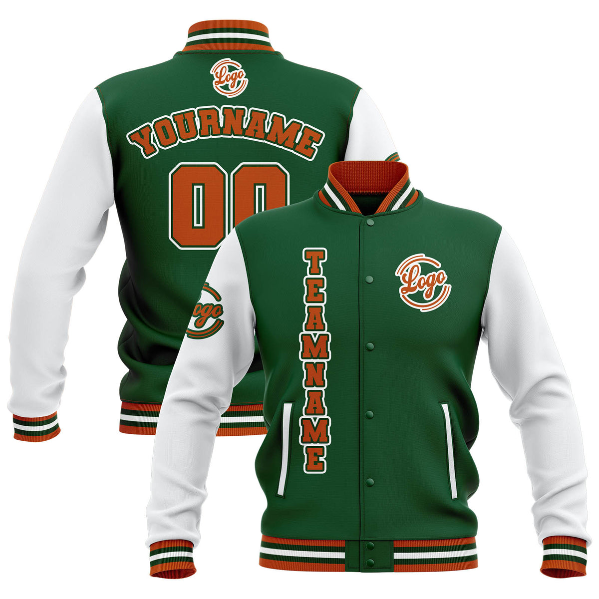 Benutzerdefiniert Grün Weiß Orange Wasserdichte Varsity Jacken Personalisiert genäht Name Nummer Logo zu Letterman Jacken