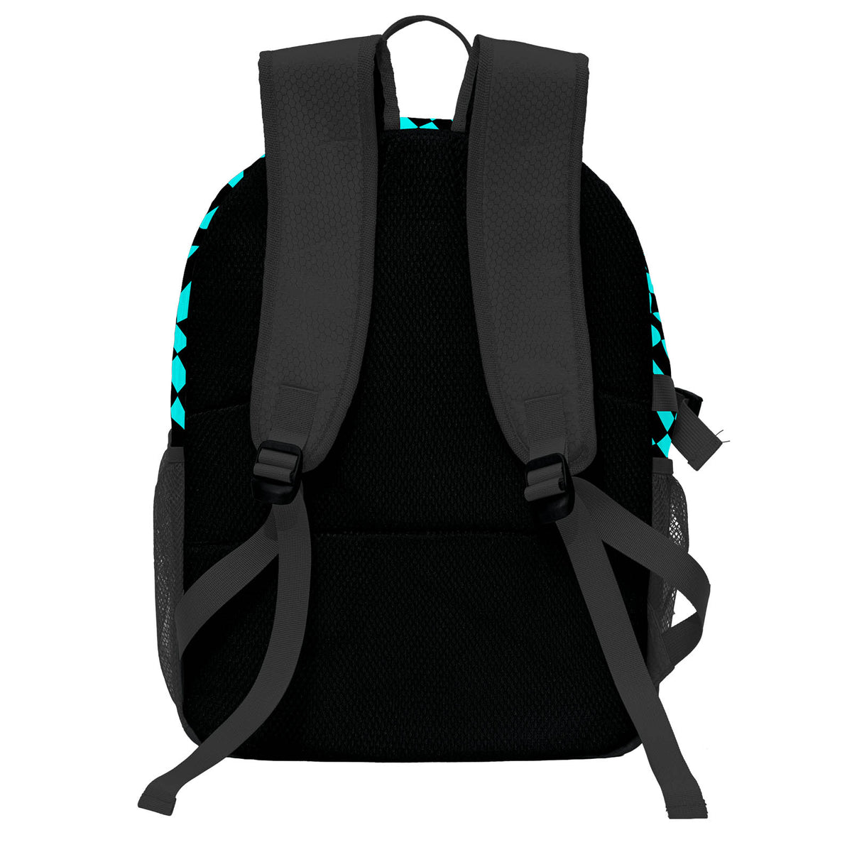 Personalisierter Basketball - und Fußballrucksack in Cyan und Schwarz mit Spielernamen & Nummern und Teamlogo #BP-0919-0011