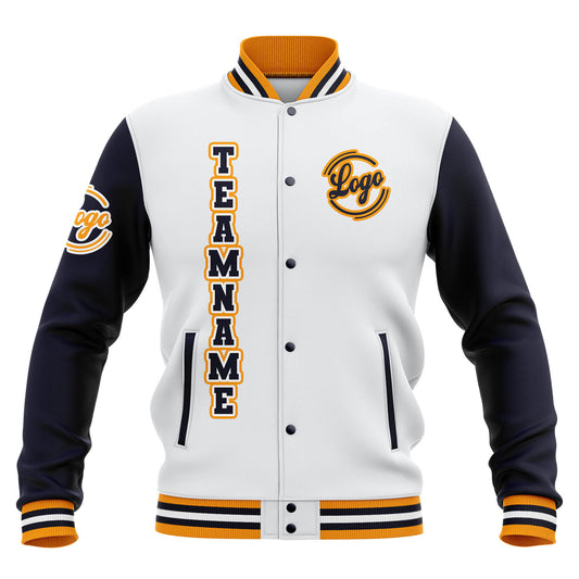 Benutzerdefiniert  Weiß Marine Gelb Wasserdichte Varsity Jacken Personalisiert genäht Name Nummer Logo zu Letterman Jacken