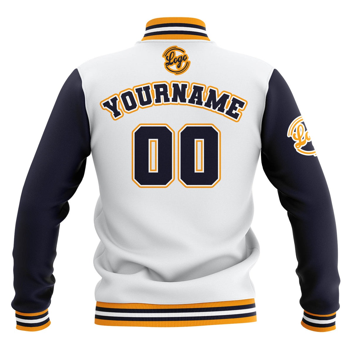 Benutzerdefiniert  Weiß Marine Gelb Wasserdichte Varsity Jacken Personalisiert genäht Name Nummer Logo zu Letterman Jacken