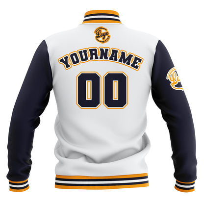 Benutzerdefiniert  Weiß Marine Gelb Wasserdichte Varsity Jacken Personalisiert genäht Name Nummer Logo zu Letterman Jacken