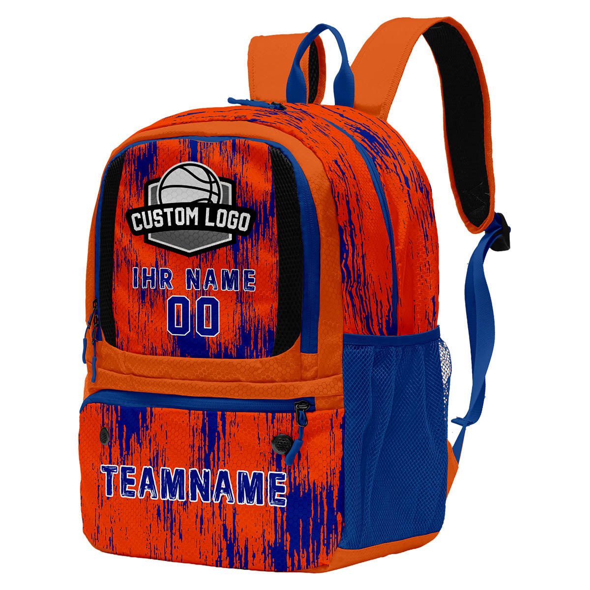 Individuell gestalteter Basketball - und Fußballrucksack in leuchtendem Orange und Königsblau mit personalisierten Spielernamen & Nummern und Teamlogos #BP-0919-0008