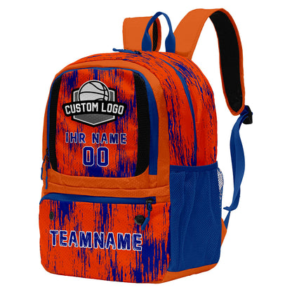 Individuell gestalteter Basketball - und Fußballrucksack in leuchtendem Orange und Königsblau mit personalisierten Spielernamen & Nummern und Teamlogos #BP-0919-0008