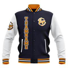 Benutzerdefiniert Marine Weiß Gelb Wasserdichte Varsity Jacken Personalisiert genäht Name Nummer Logo zu Letterman Jacken