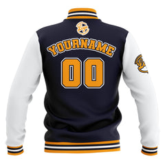 Benutzerdefiniert Marine Weiß Gelb Wasserdichte Varsity Jacken Personalisiert genäht Name Nummer Logo zu Letterman Jacken