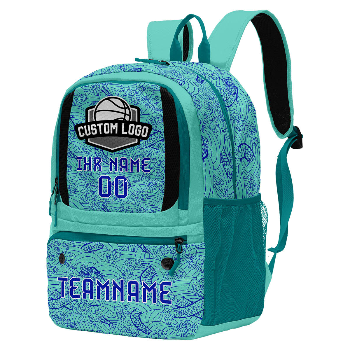 Personalisierter Basketball - und Fußballrucksack in Cyanblau mit Spielernamen & Nummern und Teamlogo #BP-0919-0012