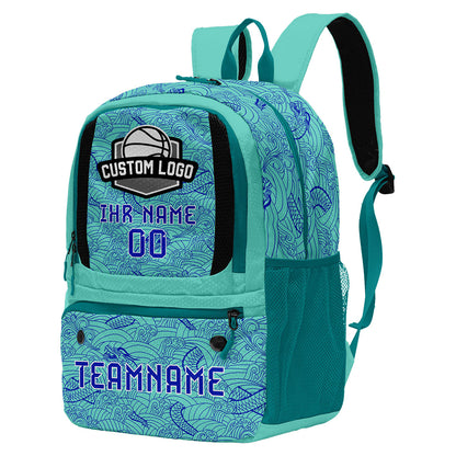 Personalisierter Basketball - und Fußballrucksack in Cyanblau mit Spielernamen & Nummern und Teamlogo #BP-0919-0012