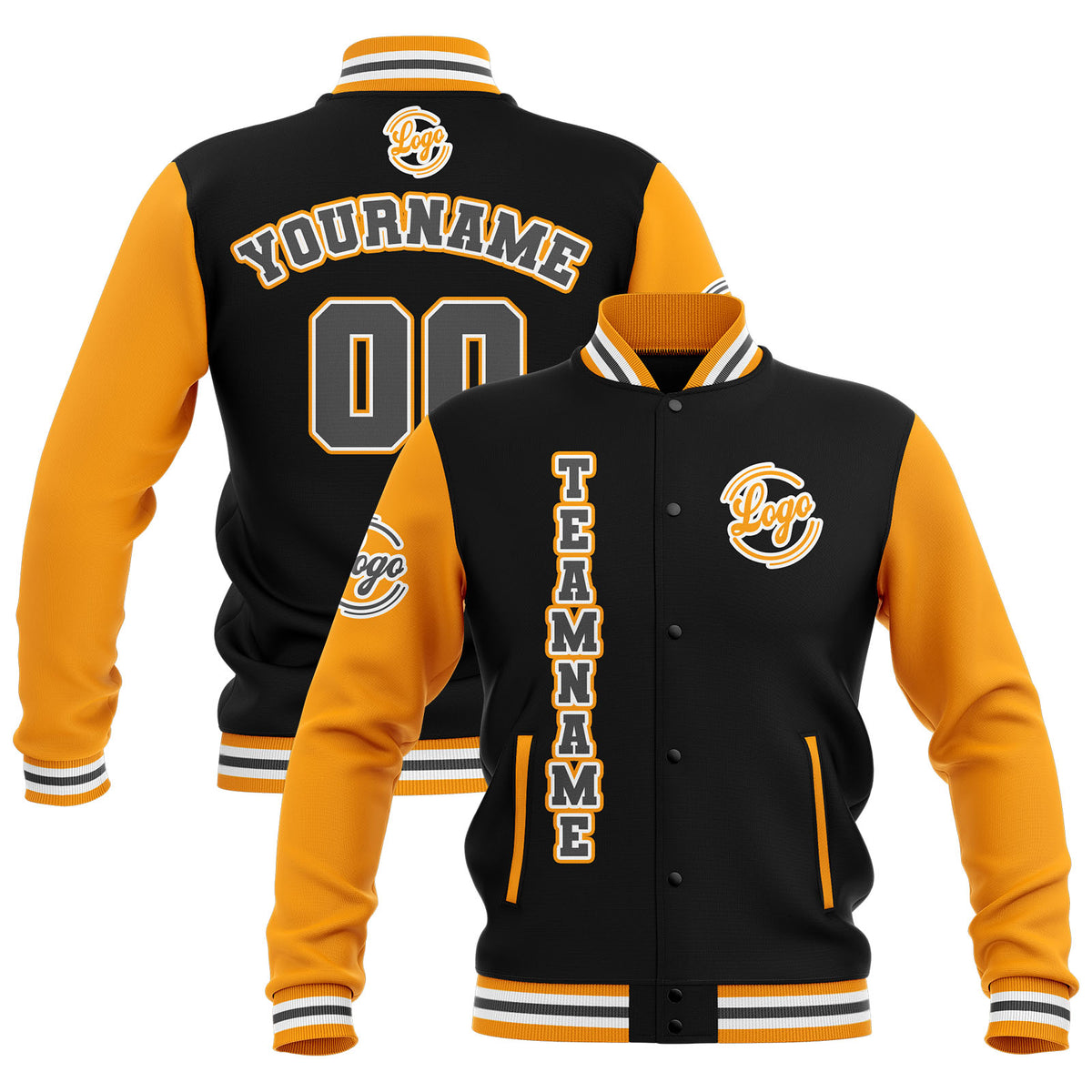 Benutzerdefiniert Schwarz Gelb Grau Wasserdichte Varsity Jacken Personalisiert genäht Name Nummer Logo zu Letterman Jacken