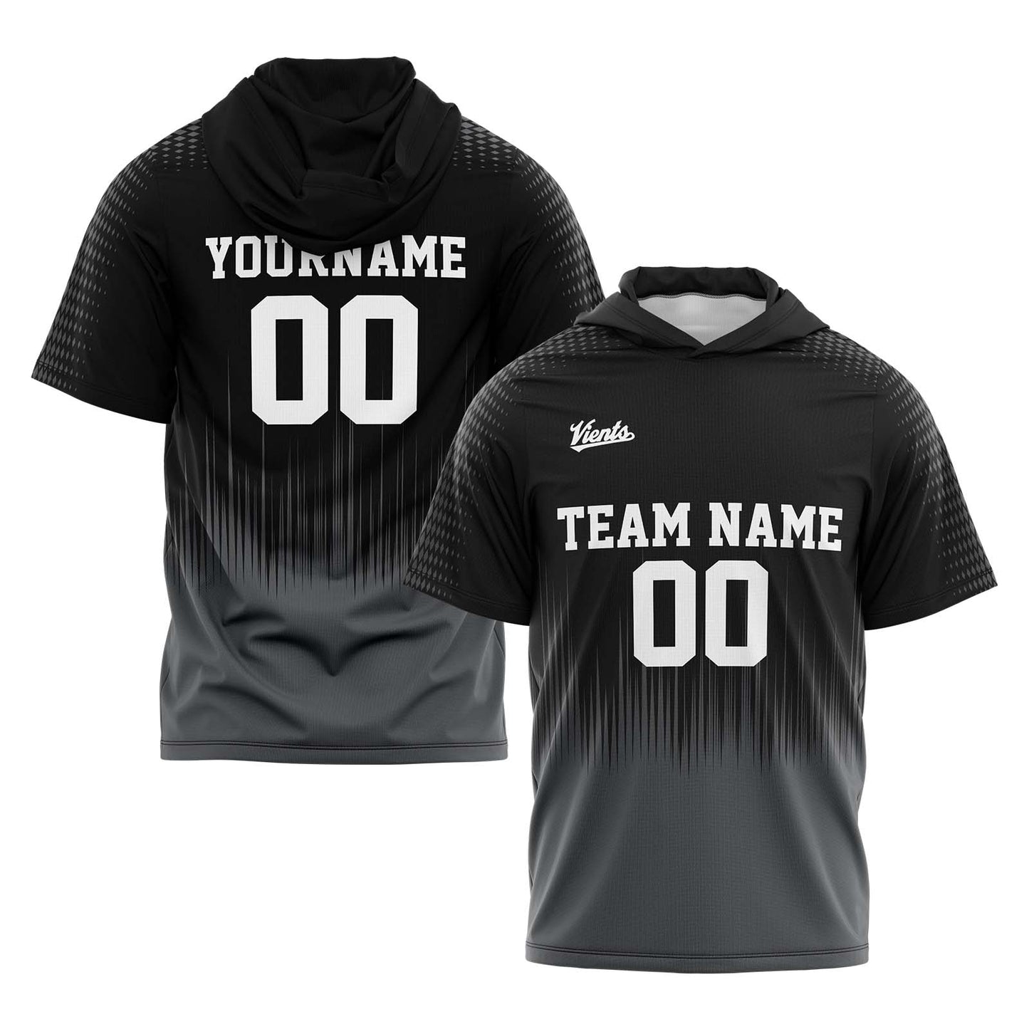 Benutzerdefinierte Schwarz Grau Kurzarm-Kapuzenpullover für Männer Frauen Hemden mit Kapuzen gedruckt Name Logo