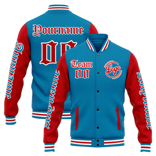 Benutzerdefinierte Varsity-Jacke. Letterman-Jacke für Männer, Frauen und Jugendliche Blau Rot