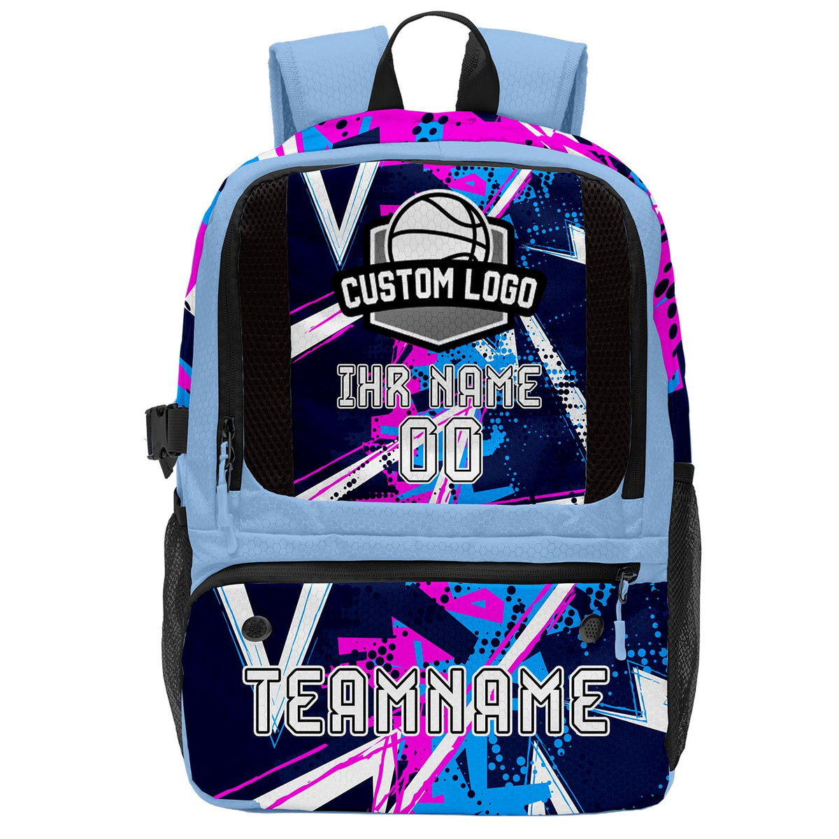 Personalisierter Basketball - und Fußballrucksack in Blau & Schwarz und Weiß mit Spielernamen & Nummern und Teamlogo #BP-0919-0005